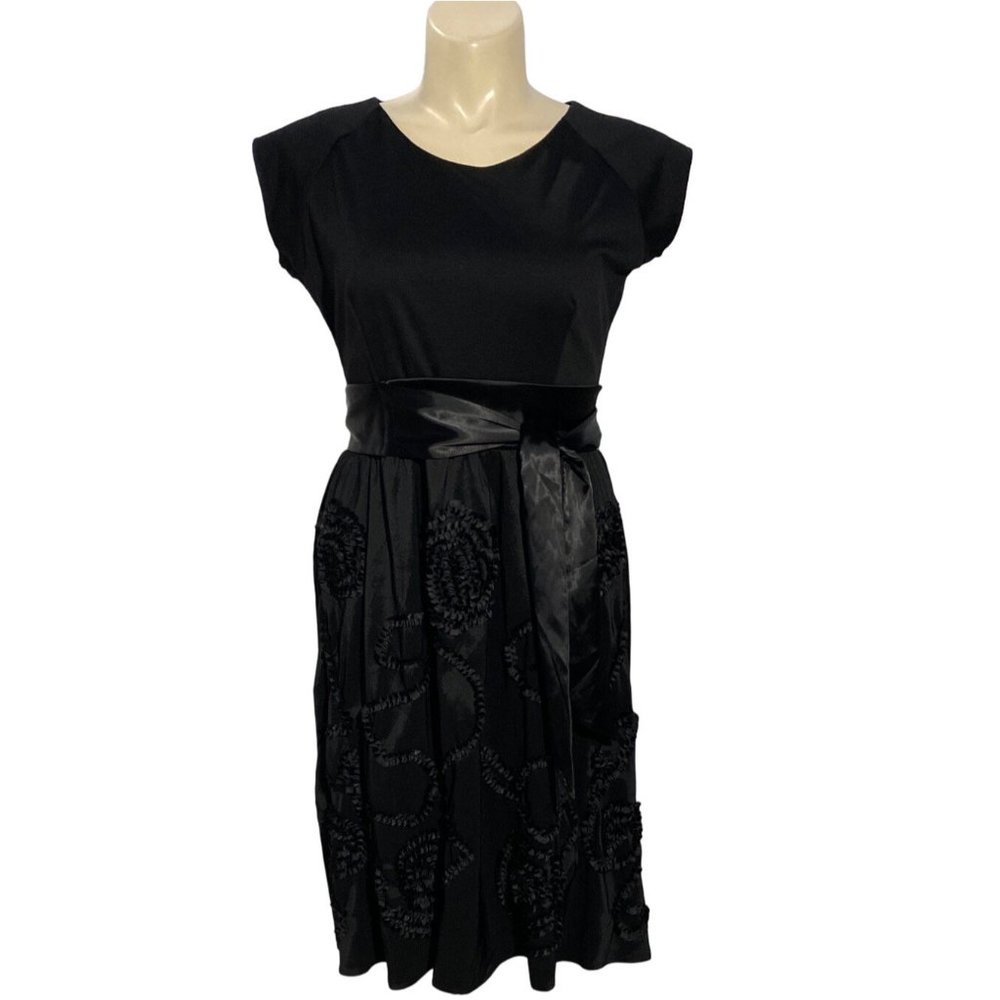 Shabby Apple L Dress Midi Black Ponte Fabric Satin Frills Wide Belt Cute Party